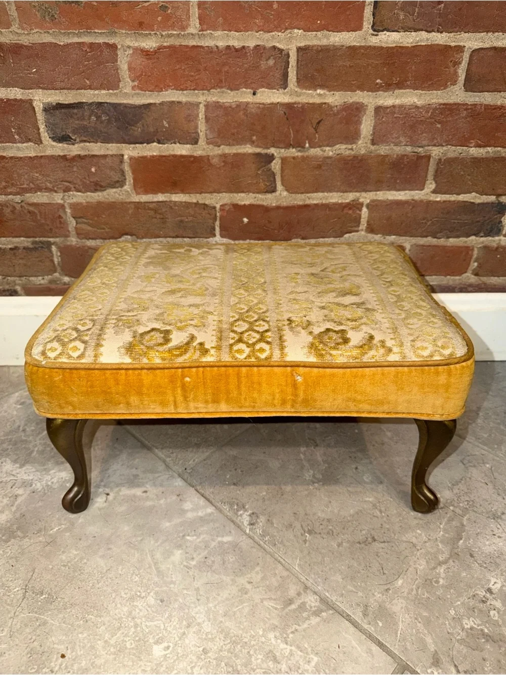MCM‎ Small Gold Cut Velvet Brass Leg Footstool Ottoman